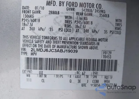 2010 Lincoln Mkx z USA, uszkodzony, nr VIN 2LMDJ6JC3ABJ19039